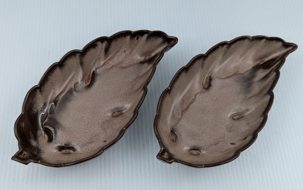 Frankoma Pottery Leaf Dish Snack Candy Nut Plate Set of 2 Plainsman Brown 225